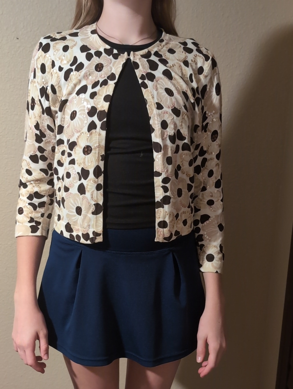 Etcetera Cream Floral Cropped Cardigan with Brown Accents